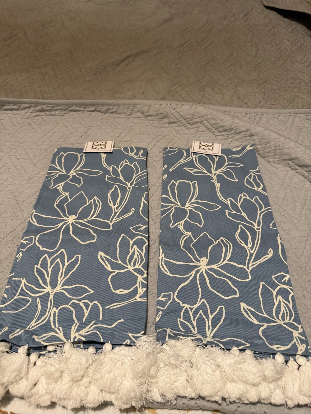 Blue Floral Cotton Kitchen Towels with Fringe - Set of 2